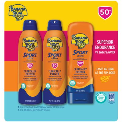 Banana Boat Sport Ultra SPF 50 Sunscreen Triple Pack | Banana Boat Sunscreen Spray &amp; Lotion SPF 50, Spray On Sunscreen, Water Resistant Sunscreen, Oxybenzone Free, (Pack of 3) 8oz each