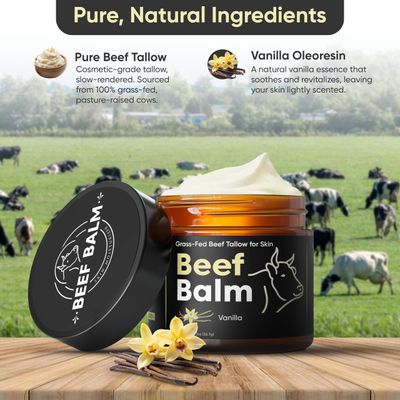Beef Tallow For Skin: (Vanilla) - 100% Grass-Fed Beef Tallow Balm, Natural Tallow Moisturizer for Face + Body
