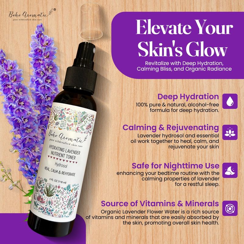 BOHO AROMATIC Hydrating Lavender Nutrient Facial Spray, Face Mist Hydrating Spray, Natural Fresh Hydrosol Lavender Face Mist, Refresh Hydrate Face with a Mist, Skin Care 4 FL OZ