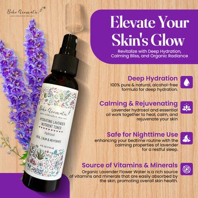 BOHO AROMATIC Hydrating Lavender Nutrient Facial Spray, Face Mist Hydrating Spray, Natural Fresh Hydrosol Lavender Face Mist, Refresh Hydrate Face with a Mist, Skin Care 4 FL OZ