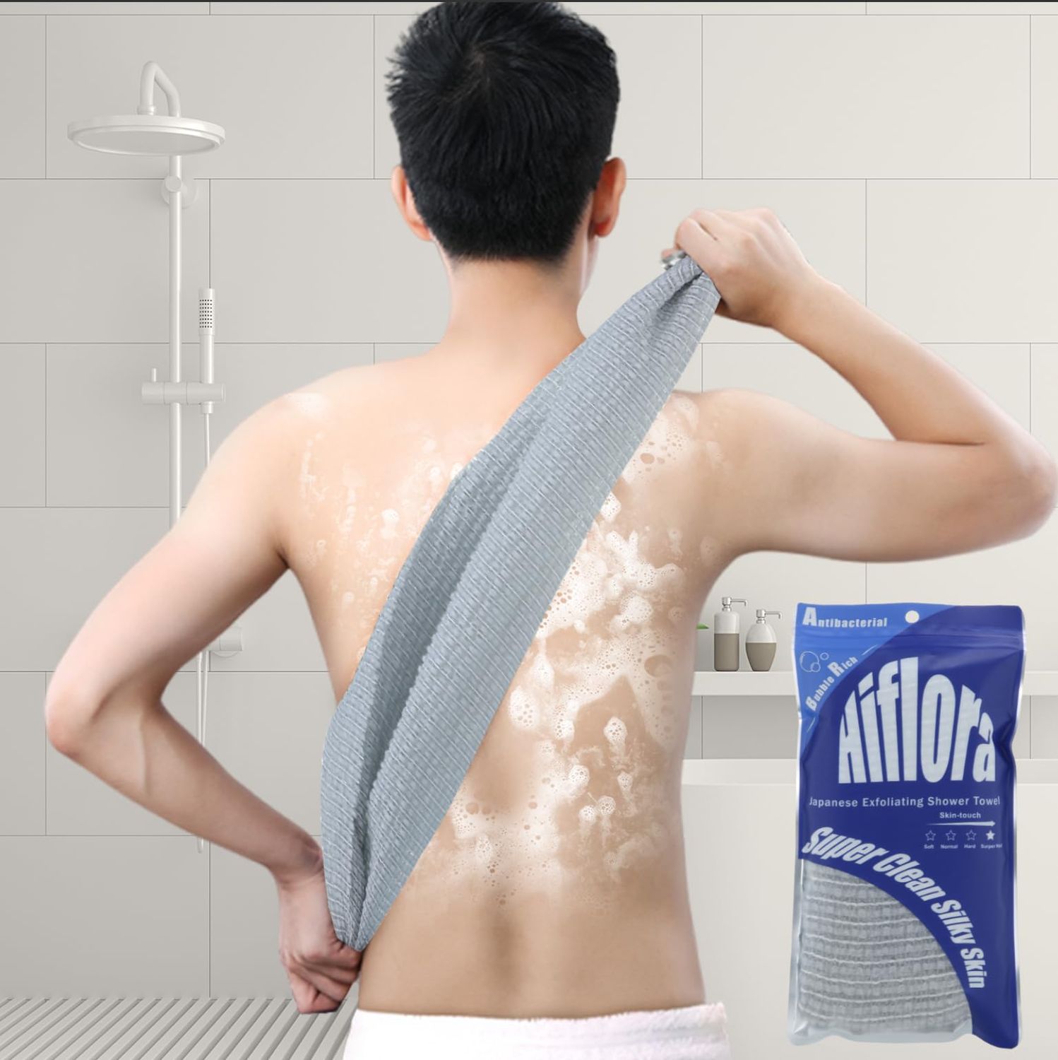 Back Scrubber for Shower and Dead Skin Removal, Exfoliating Body Scrubber for Smooth Skin Japan Washcloth for Shower &amp; Bath, Versatile Body Scrub Towel, Ideal for Skincare, Grey Super Hard