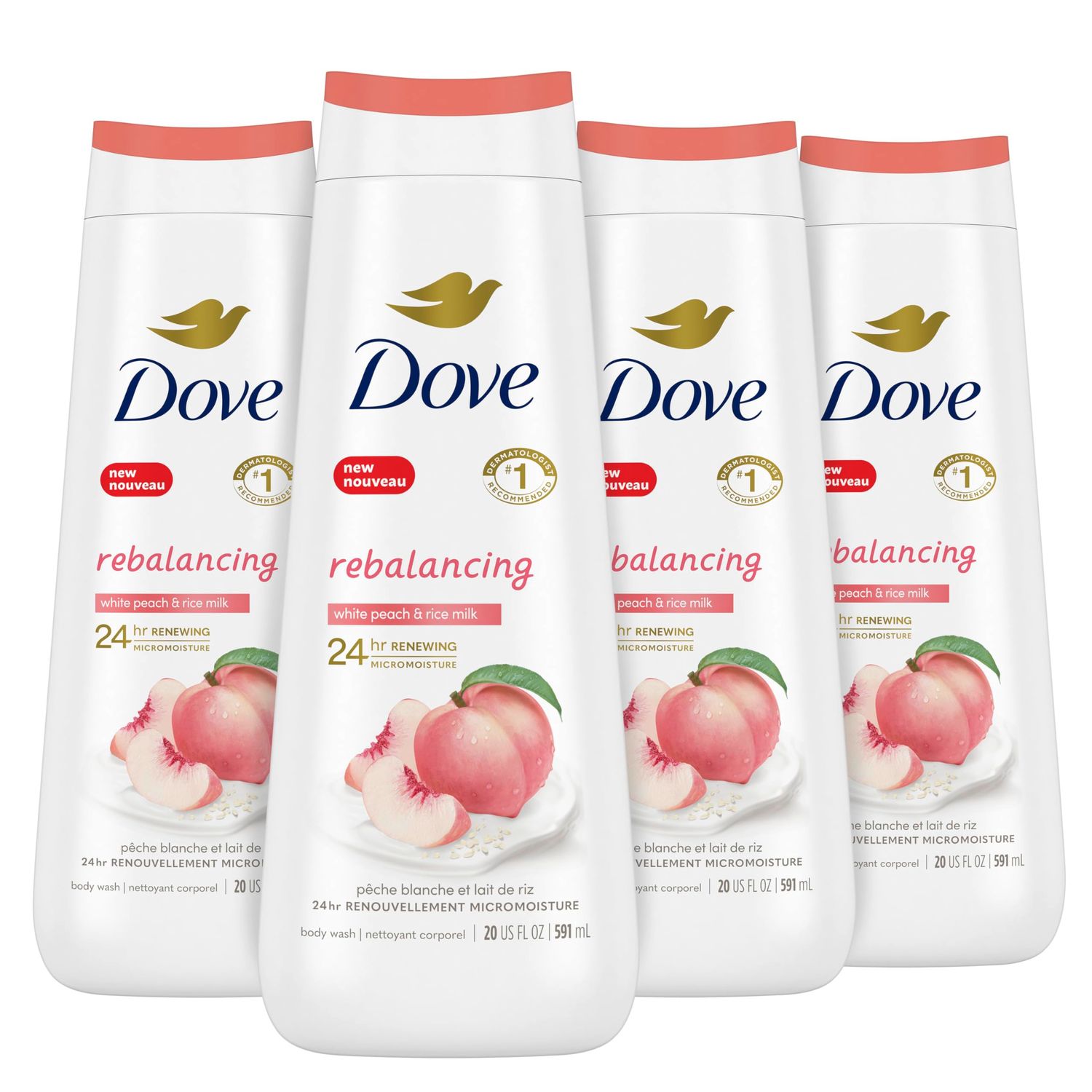 Dove Body Wash Rebalancing White Peach &amp; Rice Milk, 4 Count for Renewed, Healthy Looking Skin, Moisturizing Gentle Skin Cleanser with 24hr Renewing MicroMoisture, 20 oz