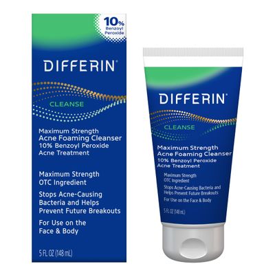 Differin Acne Face Wash with 10% Benzoyl Peroxide, Maximum Strength OTC Acne Foaming Cleanser, Fast Acting Acne Treatment for Face and Body, 5 oz.