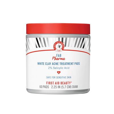 First Aid Beauty - FAB Pharma White Clay Acne Treatment Pads with 2% Salicylic Acid, Daily Compostable Exfoliating Pads for Breakouts, Whiteheads, Blackheads and Acne, Safe for Sensitive Skin, 60 Pads