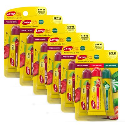 Carmex Daily Care Moisturizing Lip Balm Tubes with SPF, Fresh Cherry, Strawberry and Wintergreen Lip Balm Pack, 0.35 OZ - (6 Packs of 3)