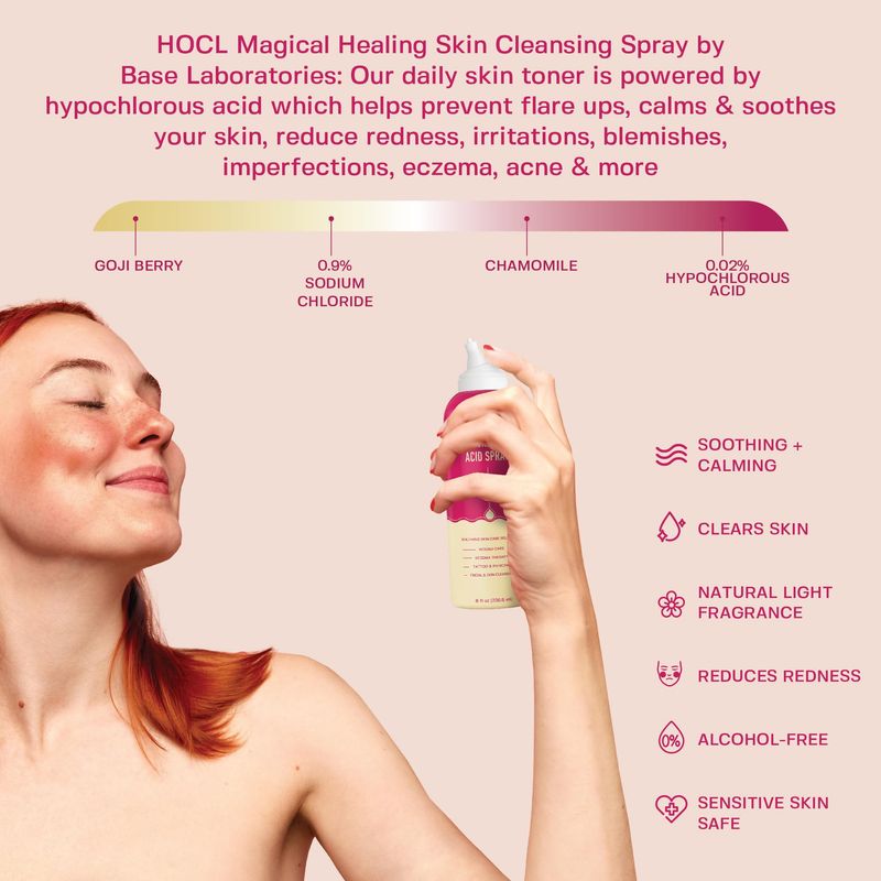 BASE LABORATORIES Hypochlorous Acid Spray for Face &amp; Skin | 8 oz | Magic Facial Spray Daily Skin Repair Solution for Sensitive Skin, Redness, Irritations, Eczema, Acne. Hypochlrous HOCL Molecule Spray