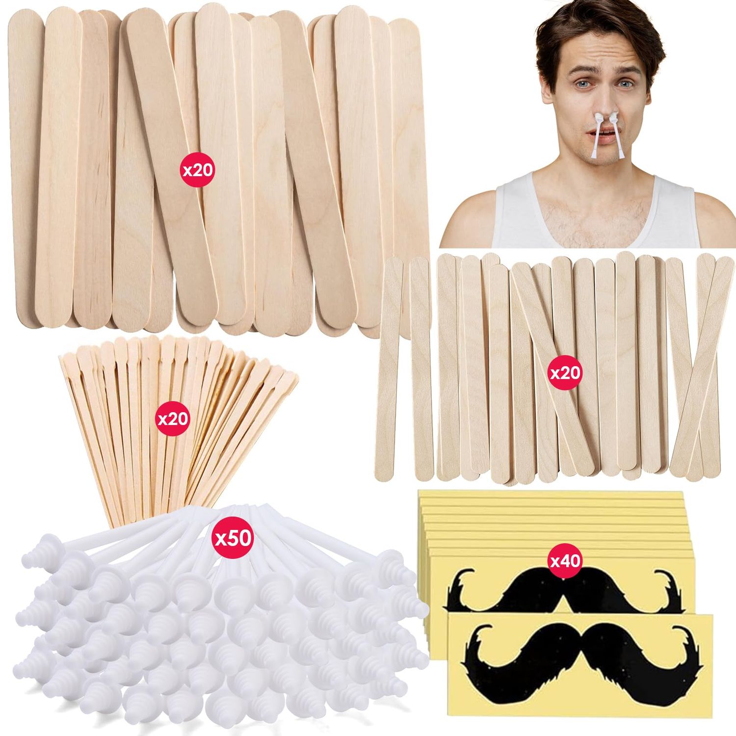 BLITZWAX Nose Wax Sticks for Hard Wax Hair Removal 110pcs Waxing Sticks Kit for Beard, Armpits, Chest, Back and Legs Applicator Sticks for Men&#39;s At-Home Care(with 40pcs Mustache Guards)