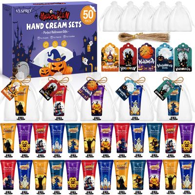 50 Sets Halloween Hand Cream Gift for Women, Hand Lotion for Halloween Party Favors with Halloween Cards and Organza Gift Bags, Halloween Decorations and Bulk Halloweeen Gifts for Women