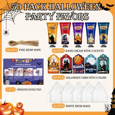 50 Sets Halloween Hand Cream Gift for Women, Hand Lotion for Halloween Party Favors with Halloween Cards and Organza Gift Bags, Halloween Decorations and Bulk Halloweeen Gifts for Women