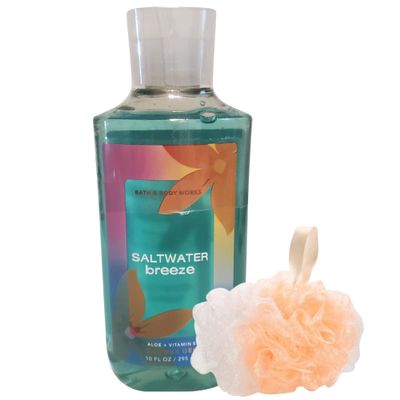Bath &amp; Body Works Bath and Body Works Gift Set Bundle with Shower Gel Soap and Loofah Sponge Pouf - (Saltwater Breeze), Beige, 1 Count , 2