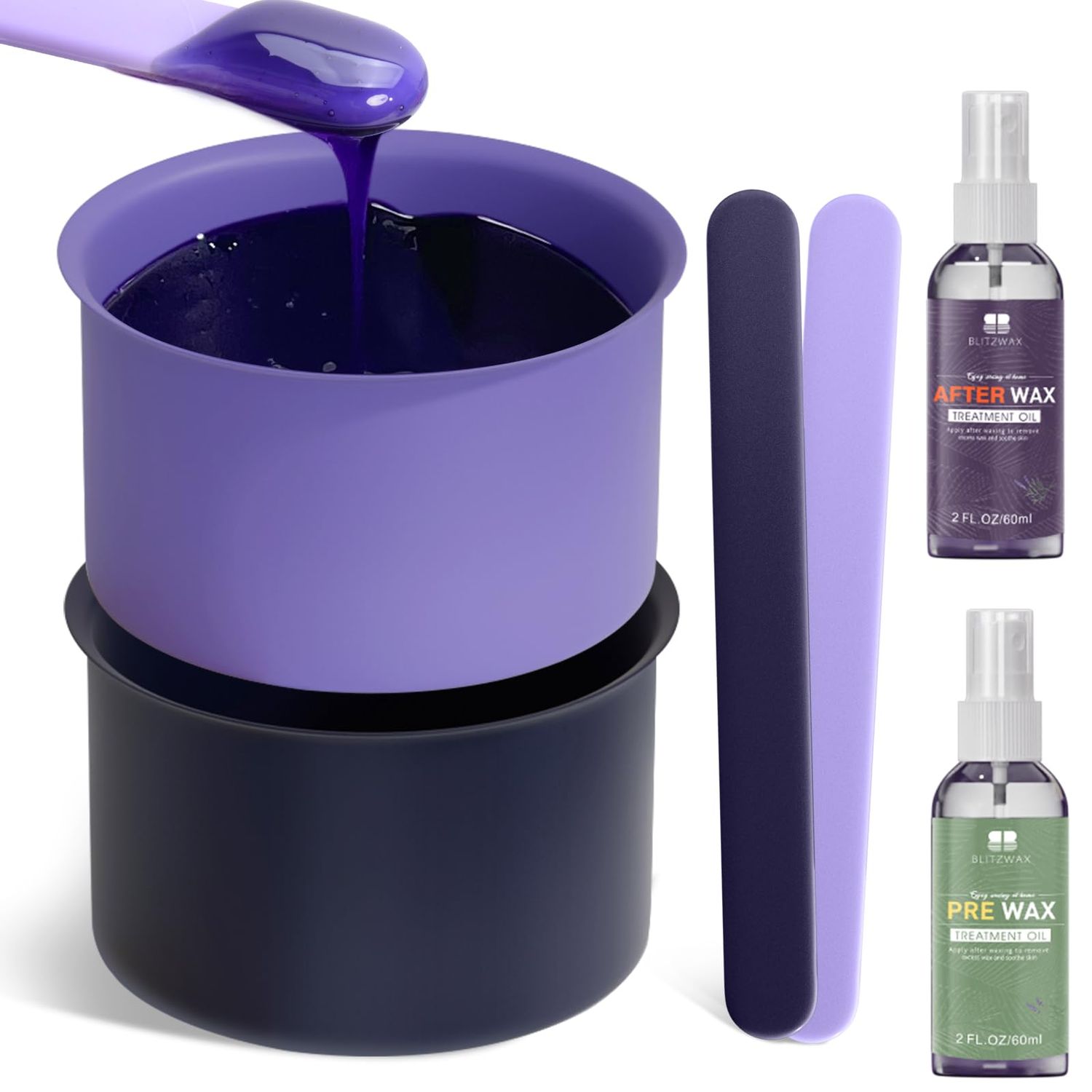 BLITZWAX 2 Silicone Waxing Pot Bowls for Hair Removal 16 oz Hard Wax Warmer Replacement with Wax Spatulas for Home Use, Easy-Clean Wax Liners Ideal for Beginners, Sensitive Skin Safe(Purple&amp;Dark Blue)