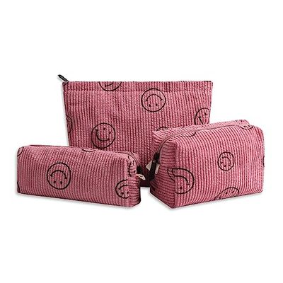 Gardsell 3Pcs Smile Corduroy Cosmetic Bag Makeup Bag Aesthetic Preppy Makeup Bags for Women Girls Corduroy Toiletry Pouch Travel Bags Washable Skincare Bag (3Pcs pink)