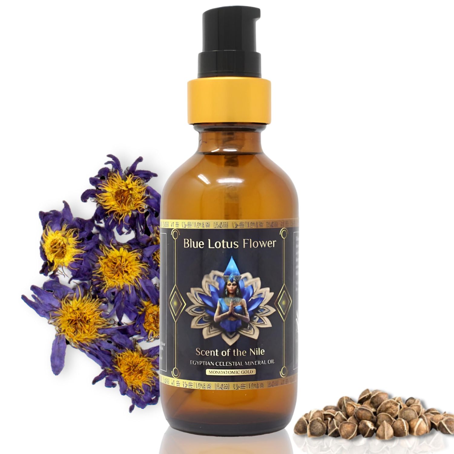 100% Pure Moringa Oil blended with Blue Lotus Flower Essential Oil and Monoatomic Gold, Premium Pure Moringa Seed Oil for Radiant Skin, Nourishing &amp; Hydrating Face, Hair, Nails, and Body - 1oz. (30ml)