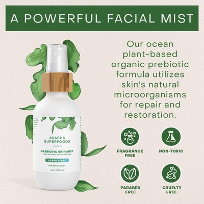 Akasha Prebiotic Skin Mist - 3.4oz I Organic Facial Mist with Sea Kelp Extract, Face Spray for Naturally Restoring the Skins Microbiome, Helps Acne, Psoriasis & Sunburn*, Anti Aging Skin Care Products