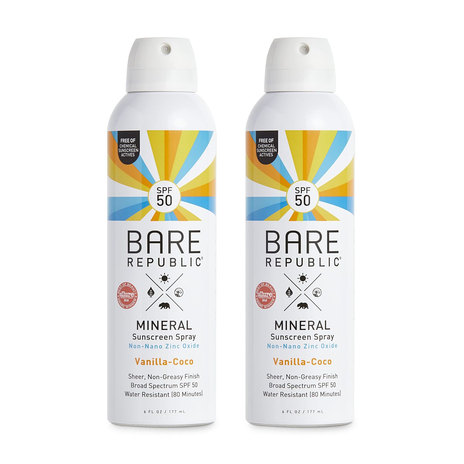 Bare Republic Mineral SPF 50 Sport Sunscreen Spray. Vanilla-Coco Sheer and Strong Water-Resistant Sunscreen Spray with SPF 50 (12 Ounces) 2 Pack.