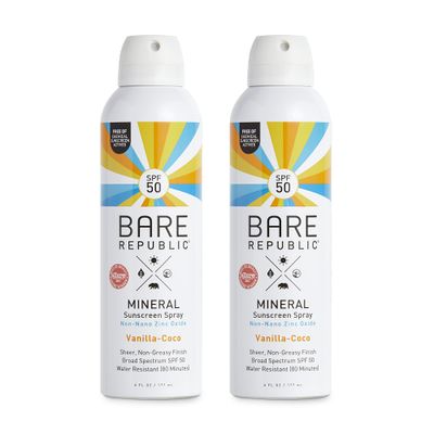 Bare Republic Mineral SPF 50 Sport Sunscreen Spray. Vanilla-Coco Sheer and Strong Water-Resistant Sunscreen Spray with SPF 50 (12 Ounces) 2 Pack.