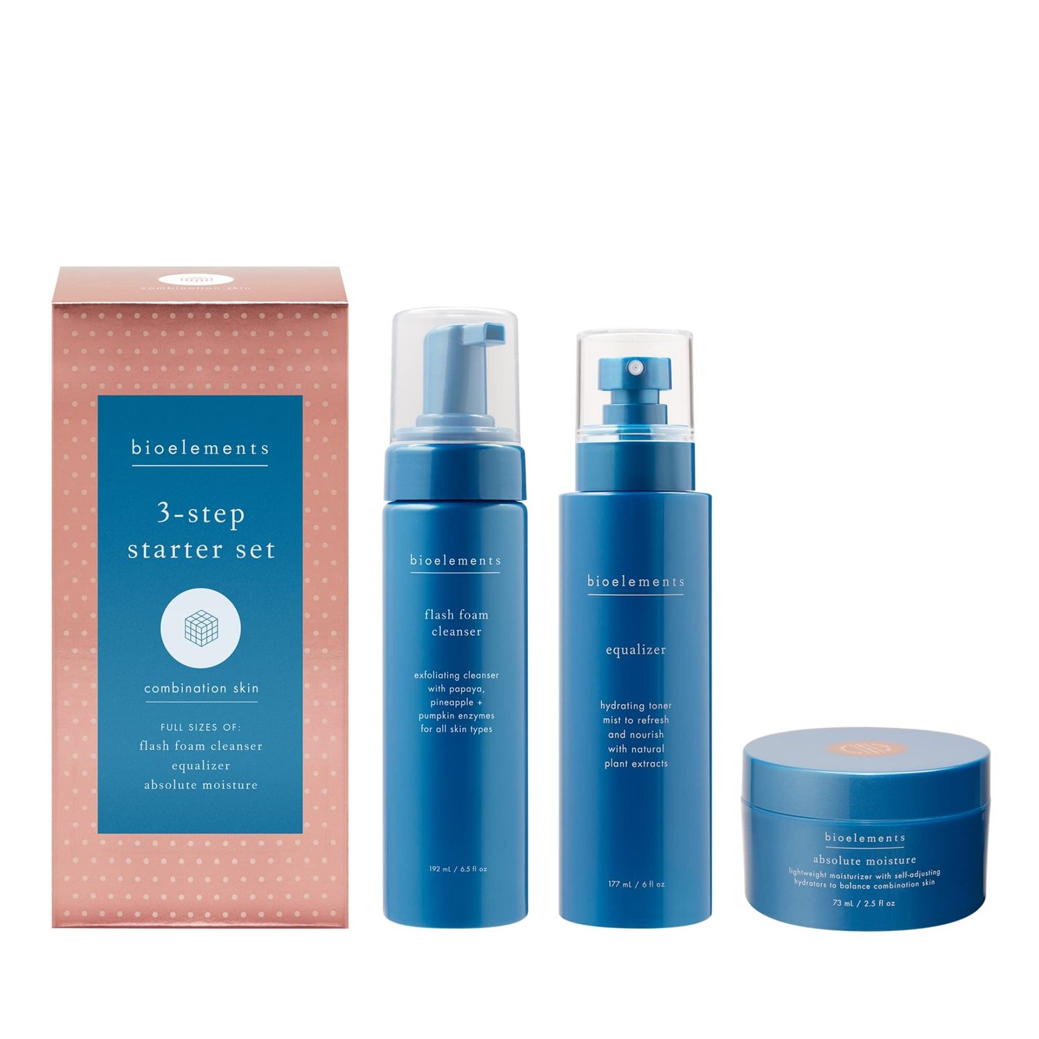 Bioelements 3-Step Starter Set: Combination Skin - Includes Flash Foam Cleanser, Equalizer Toner &amp; Absolute Moisture Moisturizer - Vegan, Gluten Free - Never Tested on Animals
