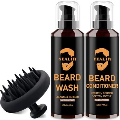 Beard Wash &amp; Conditioner &amp; Silicone Beard Brush Set w/Argan &amp; Jojoba Oils - Reduce Beard Itchy, Dandruff, Beard Shampoo, Softens &amp; Strengthens &amp; Shine - 2 x 4 Fl Oz 120ML