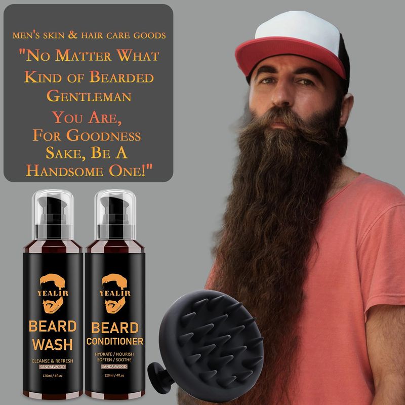 Beard Wash &amp; Conditioner &amp; Silicone Beard Brush Set w/Argan &amp; Jojoba Oils - Reduce Beard Itchy, Dandruff, Beard Shampoo, Softens &amp; Strengthens &amp; Shine - 2 x 4 Fl Oz 120ML