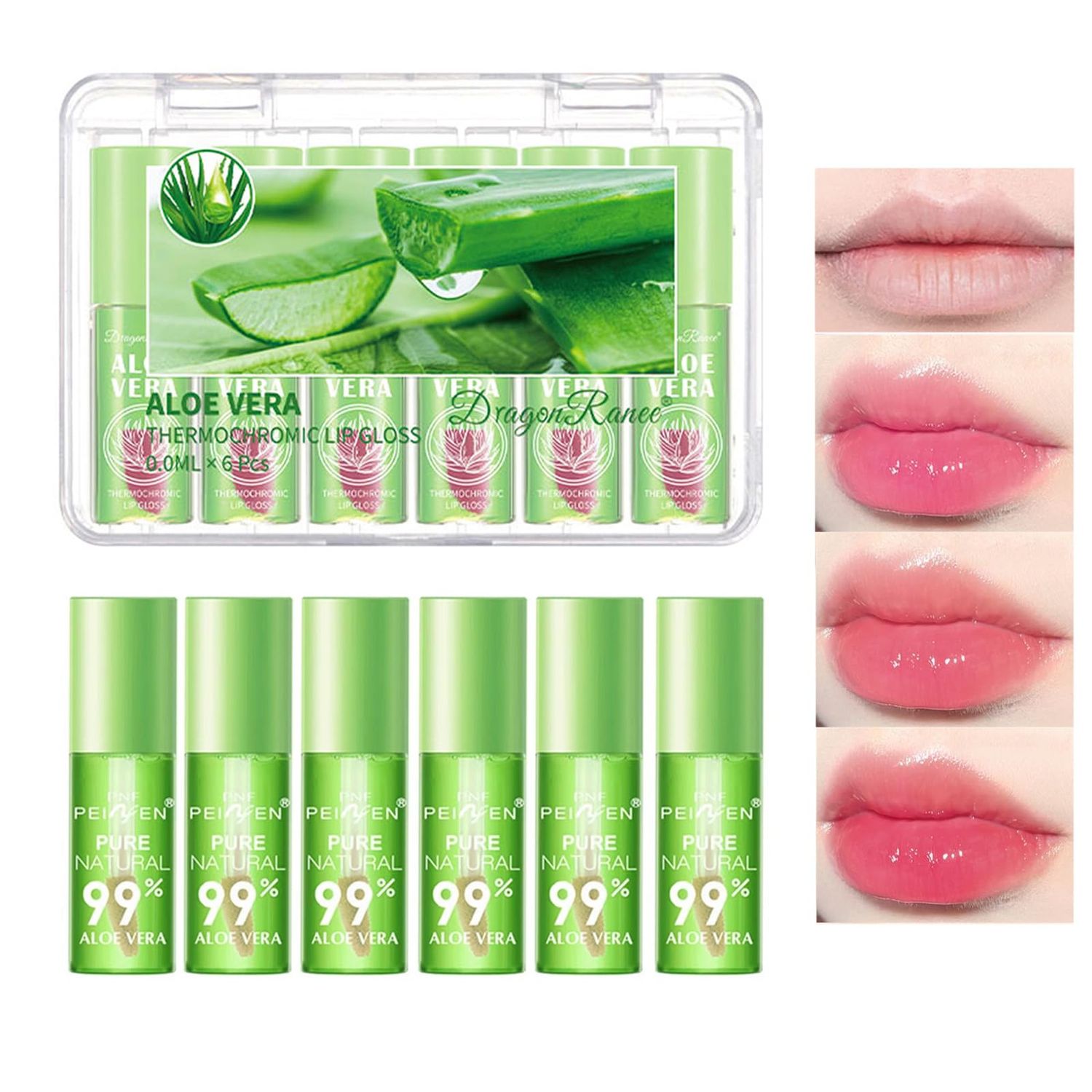 6Pcs Aloe Vera Color Changing Lip Gloss, Hydrating Lip Glow Oil High-Shine Clear Temperature Color Change Lipstick, Glossy Lip Tint Stain for Women Lip Care Prevents Dry Cracked Lips