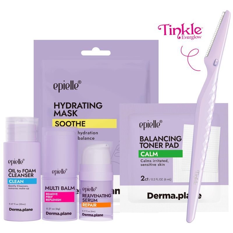 epielle &amp; Tinkle Complete Safe Dermaplane Starter Kit: Safe Facial Renewal System Cleanser, Multi-Balm, Dermaplane Tool, Hydrating Mask &amp; Serum, Peach Fuzz Removal Stocking Stuffer Dermaplaning Kit