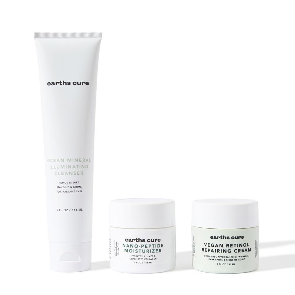 EarthsCure 3 Step Anti-Aging Routine - Simple Routine for Wrinkles, Dark Spots, and Smoother Skin. Contains Ocean Minerals, Nano Peptides &amp; Vegan Retinol. Sensitive Skin Safe.