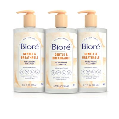 Biore Gentle &amp; Breathable Acne Face Wash, Gentle Face Cleanser for Sensitive and Acne Prone Skin, Infused with Willow Bark Extract to Clarify Skin, Fragrance Free, 6.77 Oz , Pack of 3