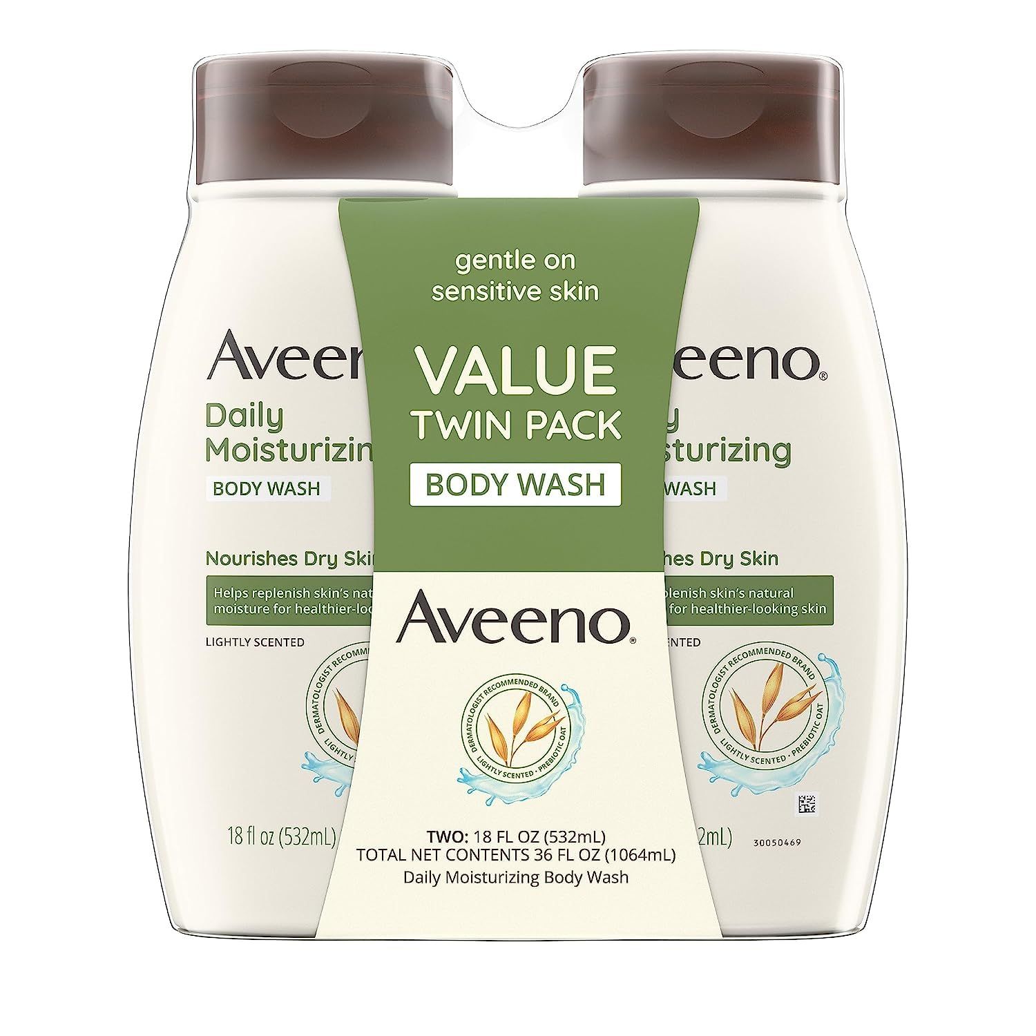 Aveeno Daily Moisturizing Body Wash for Dry &amp; Sensitive Skin with Prebiotic Oat, Hydrating Oat Body Wash Nourishes Dry Skin &amp; Gently Cleanses, Light Fragrance, Sulfate-Free, 18 fl. Oz, 2 Pack