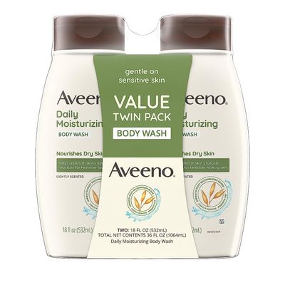 Aveeno Daily Moisturizing Body Wash for Dry &amp; Sensitive Skin with Prebiotic Oat, Hydrating Oat Body Wash Nourishes Dry Skin &amp; Gently Cleanses, Light Fragrance, Sulfate-Free, 18 fl. Oz, 2 Pack