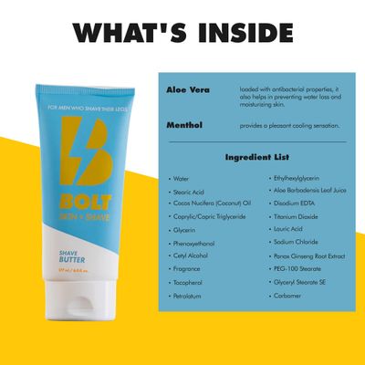 Bolt Skin + Shave - Shave Butter for Men - Ultimate Comfort for Smooth, Gliding Shaves - Reduces Nicks, Cuts and Irritation for a Luxurious Leg Shave with Cooling Aloe Vera and Menthol - 6 Fl Oz