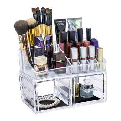 Clear Makeup Organizer For Vanity, Cosmetic Storage Organizers for Perfume Skin Care Lipsticks Jewelry Nail Polish Brush Holder with 2 Small Storage Drawers for Countertop Bathroom Bedroom Dresser