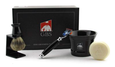 G.B.S Men&#39;s Grooming Kit - 5 Blade Razor, Black Ceramic Mug, All-Natural Glycerin Soap, Shaving Brush, Stand Ultimate Birthday Gift