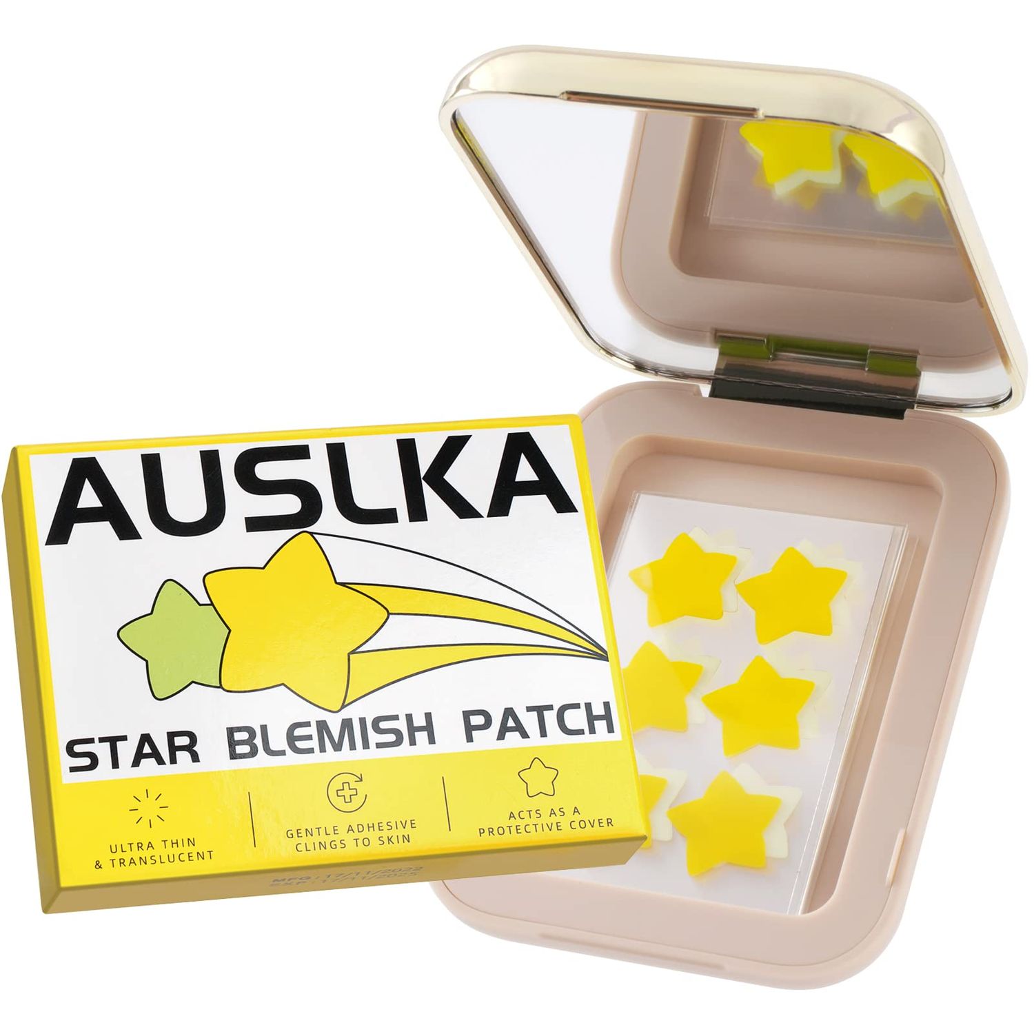 AUSLKA Star Blemish Patch - Hydrocolloid Spot Dots With Mirror 60 Count - Blemishes Patch - Zit Stickers - Cute Star Shape - Green &amp; Yellow - Vegan And Cruelty-Free Skincare
