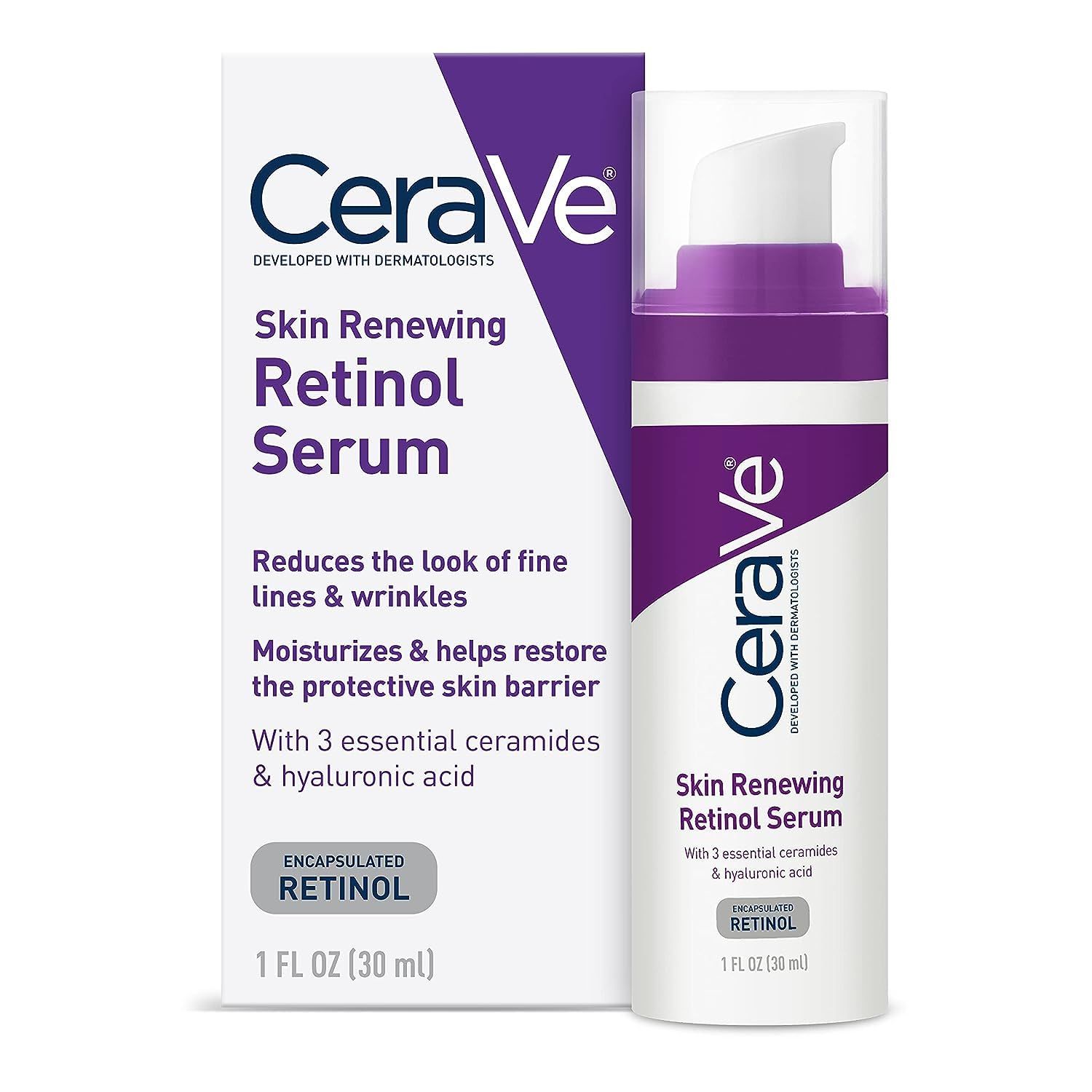 CeraVe Anti Aging Retinol Serum For Face, Encapsulated Retinol With Hyaluronic Acid, Niacinamide &amp; Ceramides, Smooths Wrinkles &amp; Fine Lines, Gentle Skin Brightening Serum, Fragrance Free, 1 Oz