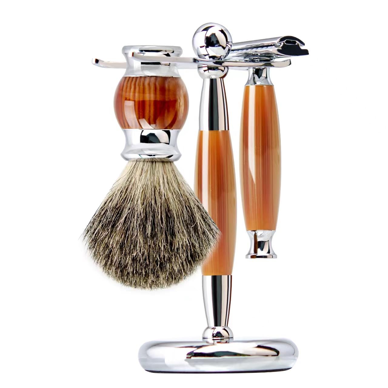 Danweix Wet Shaving Kit for Men, 3 in 1 Shaving Set Includes Badger Hair Shaving Brush, Double Edge Safety Razor, Shaving Stand Holder, Gift for Men/father/gentlemen (Light brown)