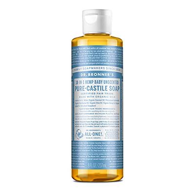 Dr. Bronner&#39;s - Pure-Castile Liquid Soap (Baby Unscented, 8 Ounce) - Made with Organic Oils, 18-in-1 Uses: Face, Hair, Laundry, Dishes, For Sensitive Skin, Babies, No Added Fragrance, Vegan, Non-GMO