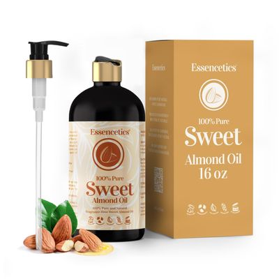 Essencetics Sweet Almond Oil Organic 16 oz - 100% Pure &amp; Natural Sweet Almond Oil for Skin, Body, Face, and Hair - Natural Cold Pressed Unrefined - Organic Massage Oil for Massage Therapy &amp; Date Night
