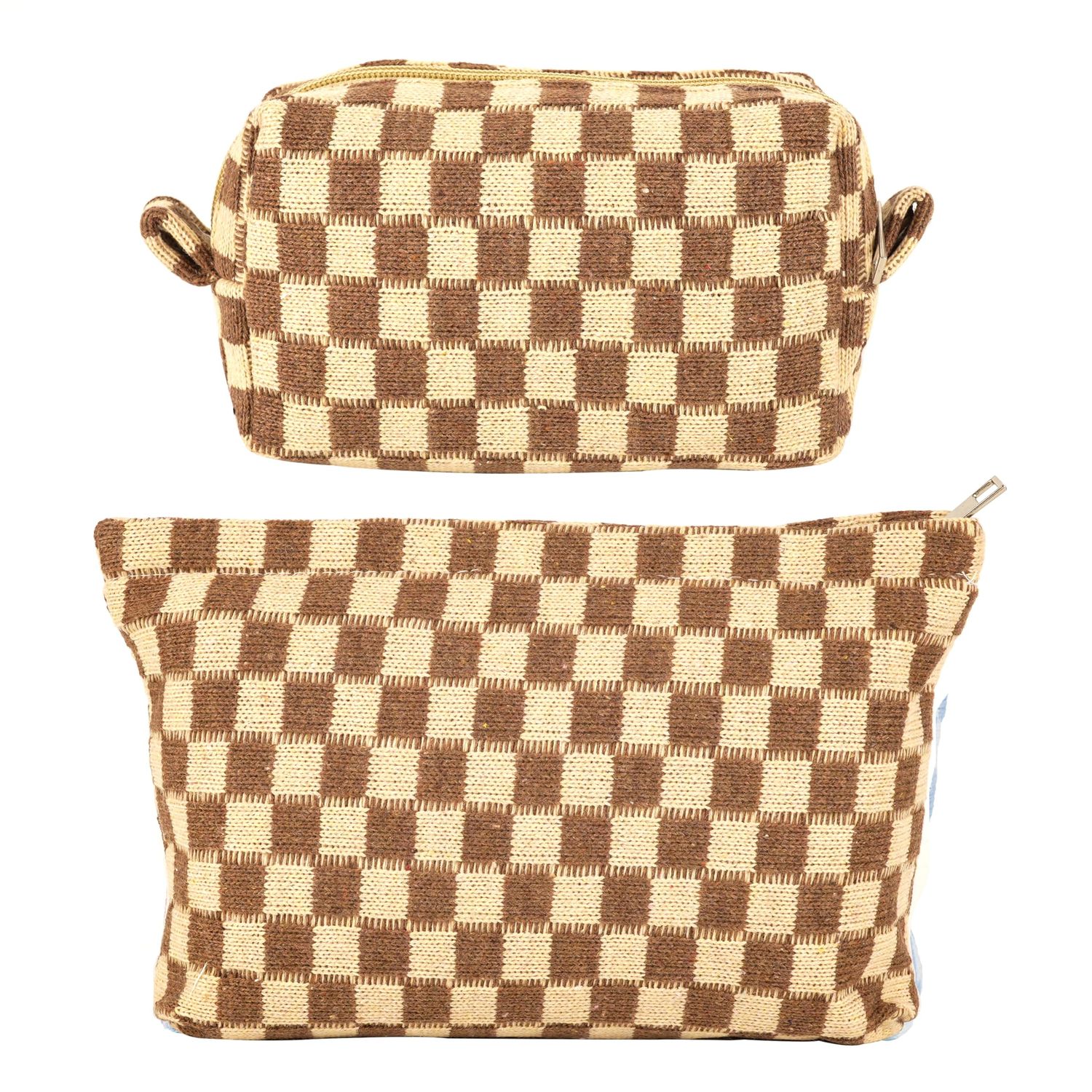 GUTGNK 2Pcs Makeup Bag For Women - Large Checkered Knitted Cosmetic Bags&amp;Small Makeup Pouch Aesthetic Design Travel Toiletry Bag Skincare Bag Car Storage Bag With Zipper(Khaki)