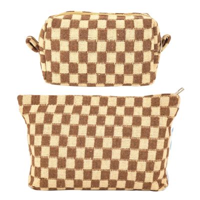 GUTGNK 2Pcs Makeup Bag For Women - Large Checkered Knitted Cosmetic Bags&amp;Small Makeup Pouch Aesthetic Design Travel Toiletry Bag Skincare Bag Car Storage Bag With Zipper(Khaki)