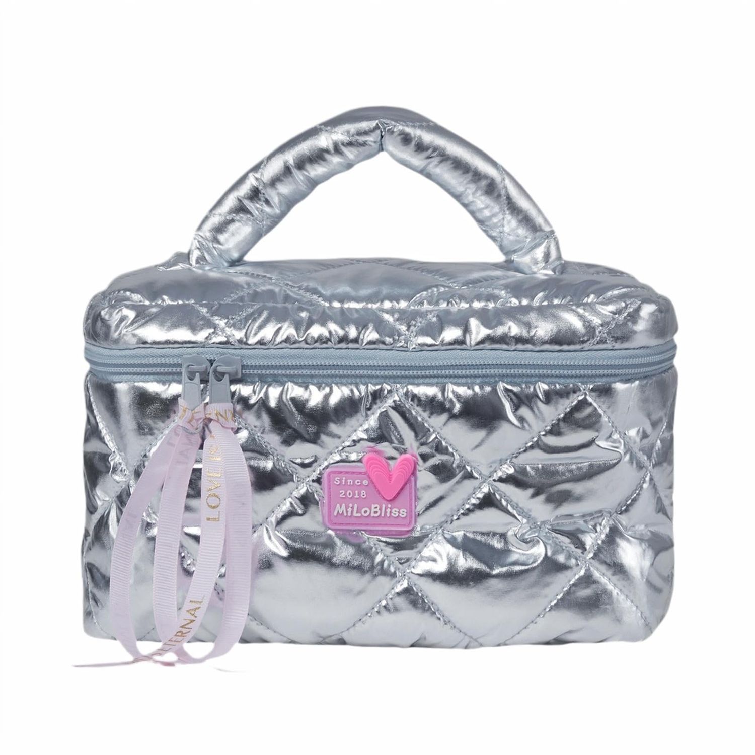 CXYANG Teen Girls Square Glossy Quilted Puffy Makeup Bag, Large Checkered Travel Cosmetic Bag Skincare Beauty Toiletry Bag for Women (Silver, L)