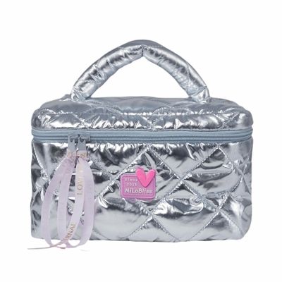 CXYANG Teen Girls Square Glossy Quilted Puffy Makeup Bag, Large Checkered Travel Cosmetic Bag Skincare Beauty Toiletry Bag for Women (Silver, L)
