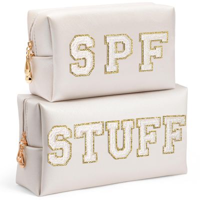 AsodSway Preppy Patch Cosmetic Bags - Valentine&#39;s Day 2P White STUFF SPF Chenille Letter Makeup Bag, PU leather Travel Toiletry Bag Portable Waterproof Bag Zipper Pouch, New Year Gifts for Women Girls
