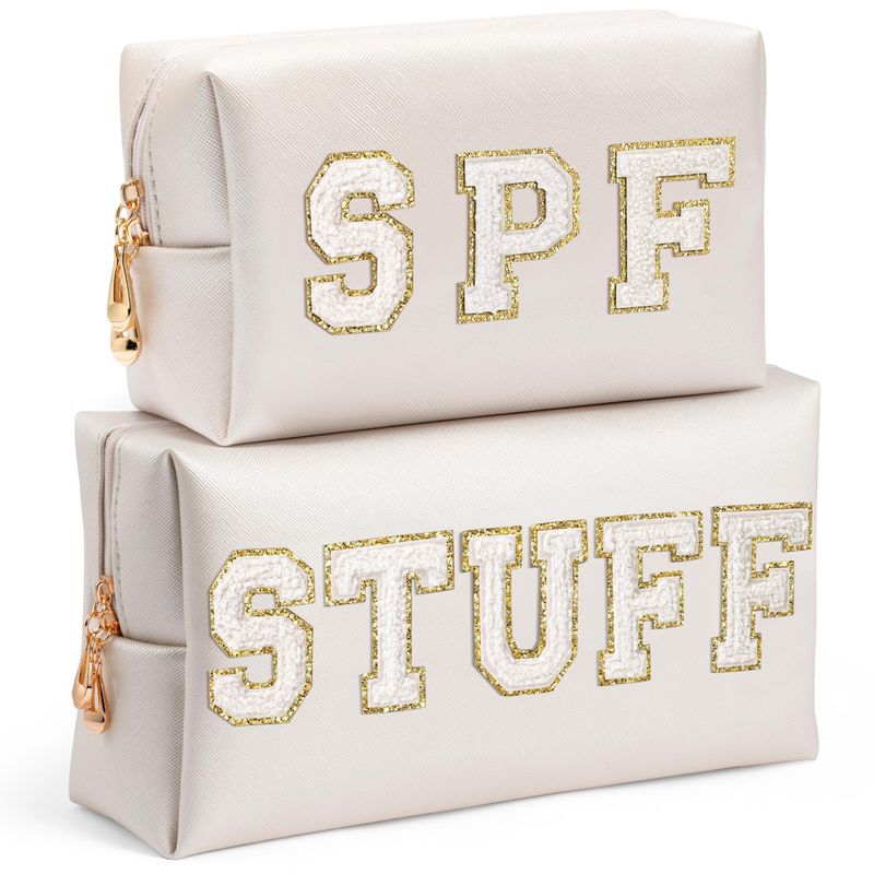 AsodSway Preppy Patch Cosmetic Bags - Valentine's Day 2P White STUFF SPF Chenille Letter Makeup Bag, PU leather Travel Toiletry Bag Portable Waterproof Bag Zipper Pouch, New Year Gifts for Women Girls