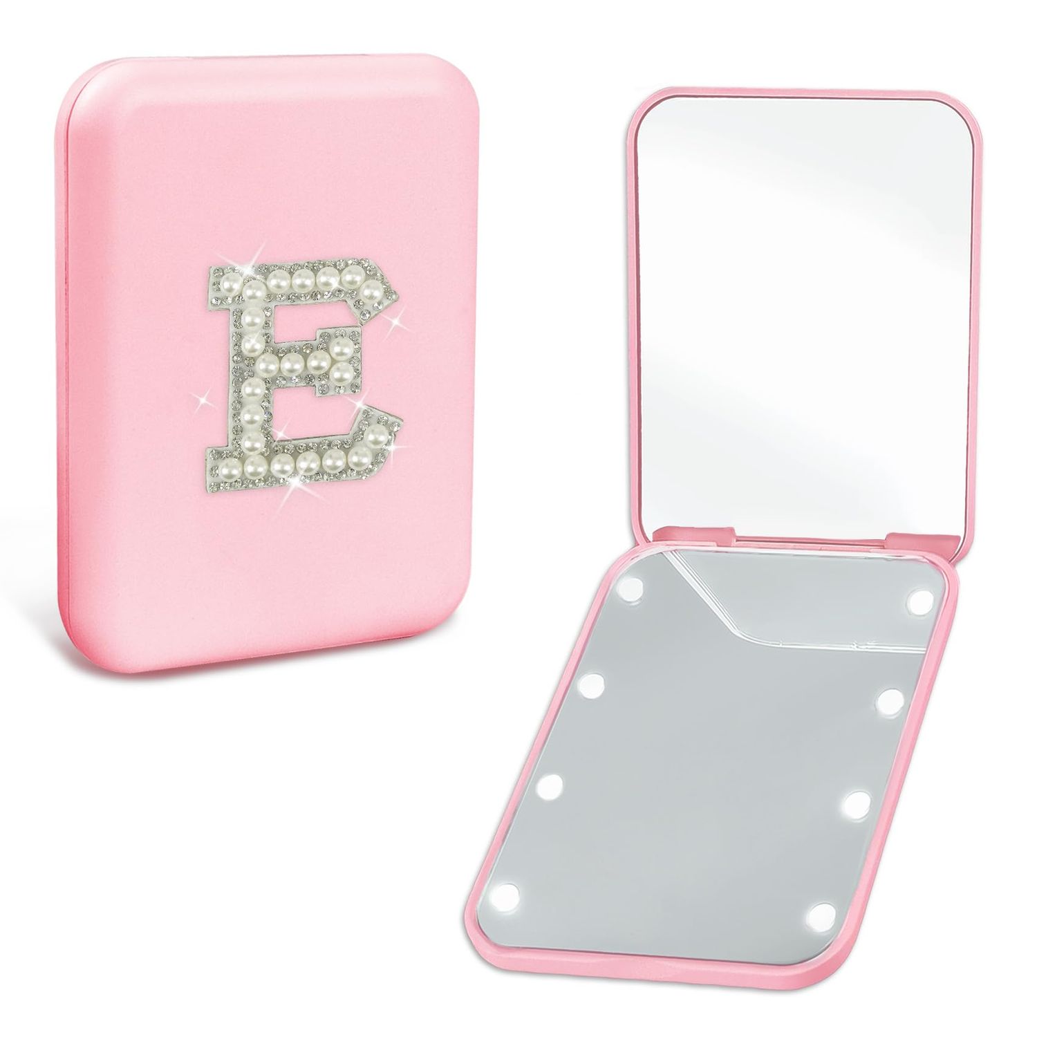Aganmi Preppy Birthday Gifts for 6 7 8 9 10 11 12 13 Year Old Girls, Cute Pearl Initial Compact Mirror with Lights Pink Small LED Pocket Makeup Mirror Teen Girls Trendy Stuff Travel Essentials (E)