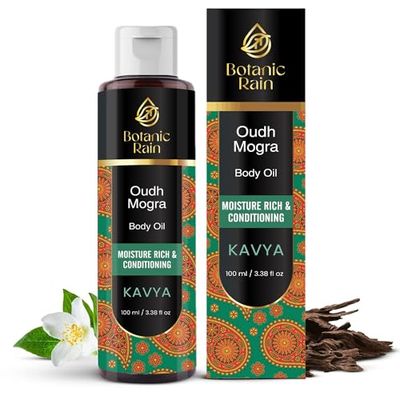 Botanic Rain Ayurveda Body Oil With Oudh &amp; Mogra, Organic Body Oil After Shower, Moisturizing &amp; Hydrating Natural Body Oils For Women And Men, 3.38 Fl Oz
