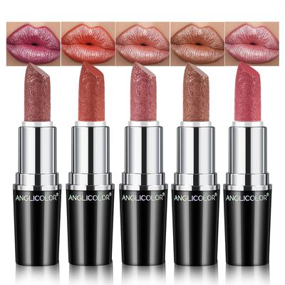 Anglicolor 5pcs Glitter Lipstick High Impact Lipcolor,Lipstick Moisturizing Creamy Formula,Metallic Lipstick For Women For Vegan &amp; Cruelty-Free,Full-Coverage Lip Color (#C, 5PCS)