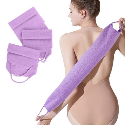 3 Pcs Double-Sided Back Exfoliator Body Scrub Towel, Exfoliating Back Scrubber with Handles,Exfoliating Washcloth Bath Tool in Shower, Stretchable Back Washer to Deep Cleans Skin (Purple)