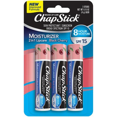 ChapStick Moisturizer 2-in-1 Lipcare SPF 15, Black Cherry, 3-Pack - Sunscreen Lip Balm with Aloe Vera and Vitamin E, 0.15 Oz Ea