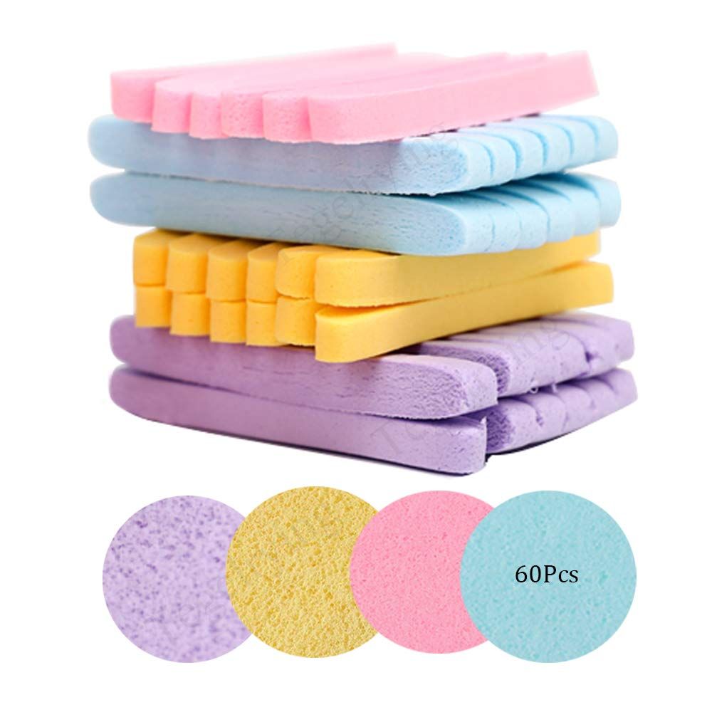 Facial Sponge Compressed,60 Pcs PVA Professional Makeup Removal Wash Round Face Sponges Spa Pads Exfoliating Cleansing for Women,Yellow,Pink,Blue,Purple