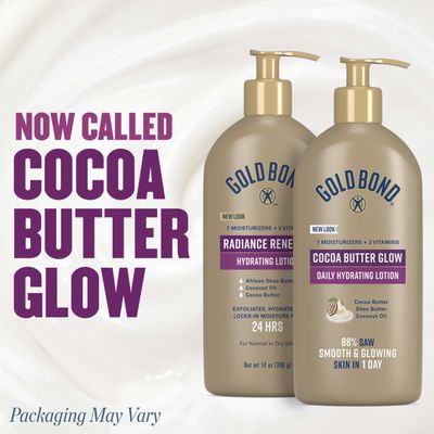 Gold Bond Cocoa Butter Glow Daily Hydrating Lotion with Shea Butter, Cocoa Butter &amp; Coconut Oil, Exfoliating Moisturizer for Dry Skin, 14 oz.